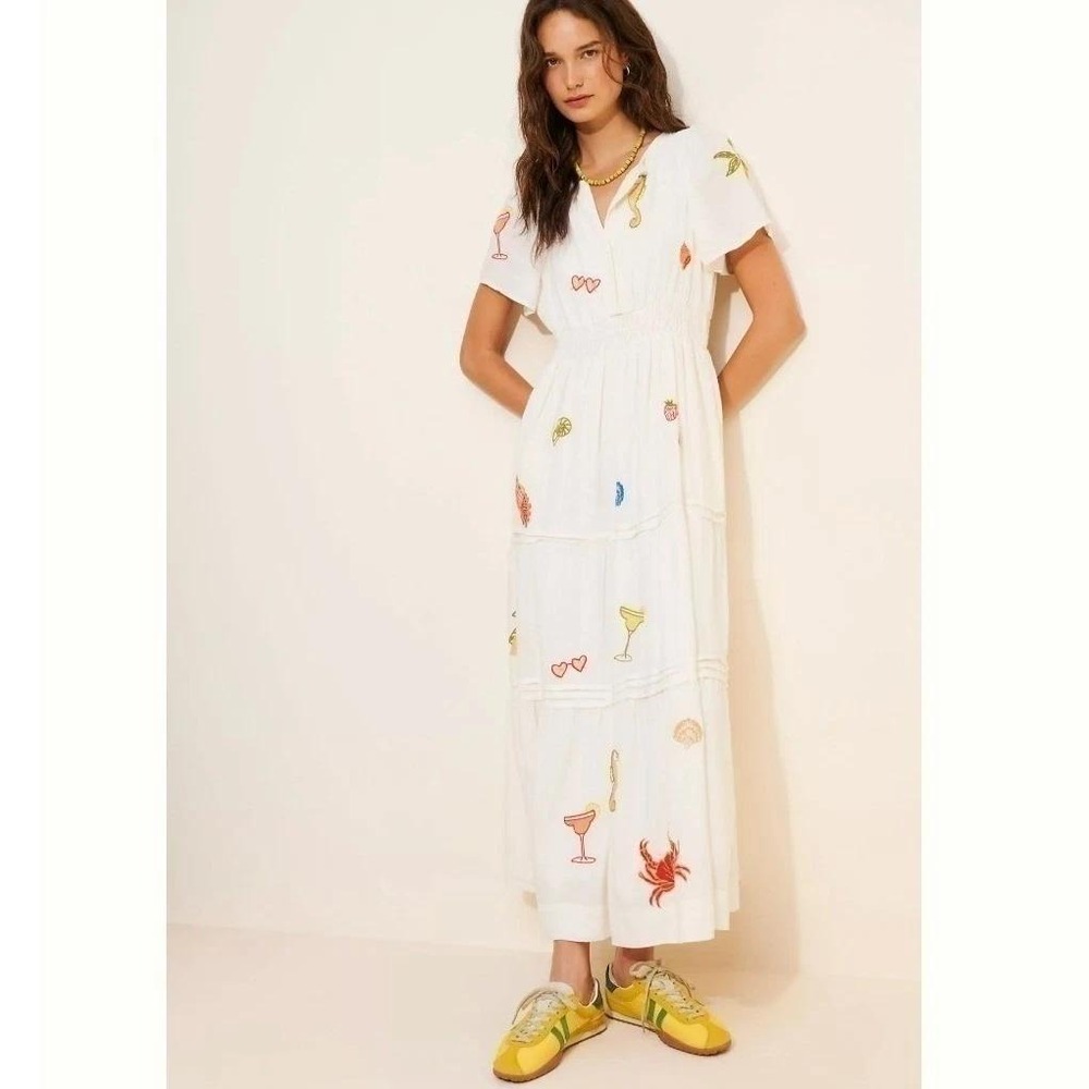 Anthropologie Dress Womens Extra Small White Somerset Maxi Embroidered Linen